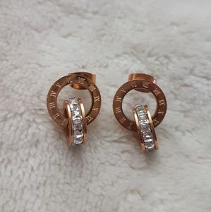 Rose Gold Roman Numeral Rhinestone Stud Earrings